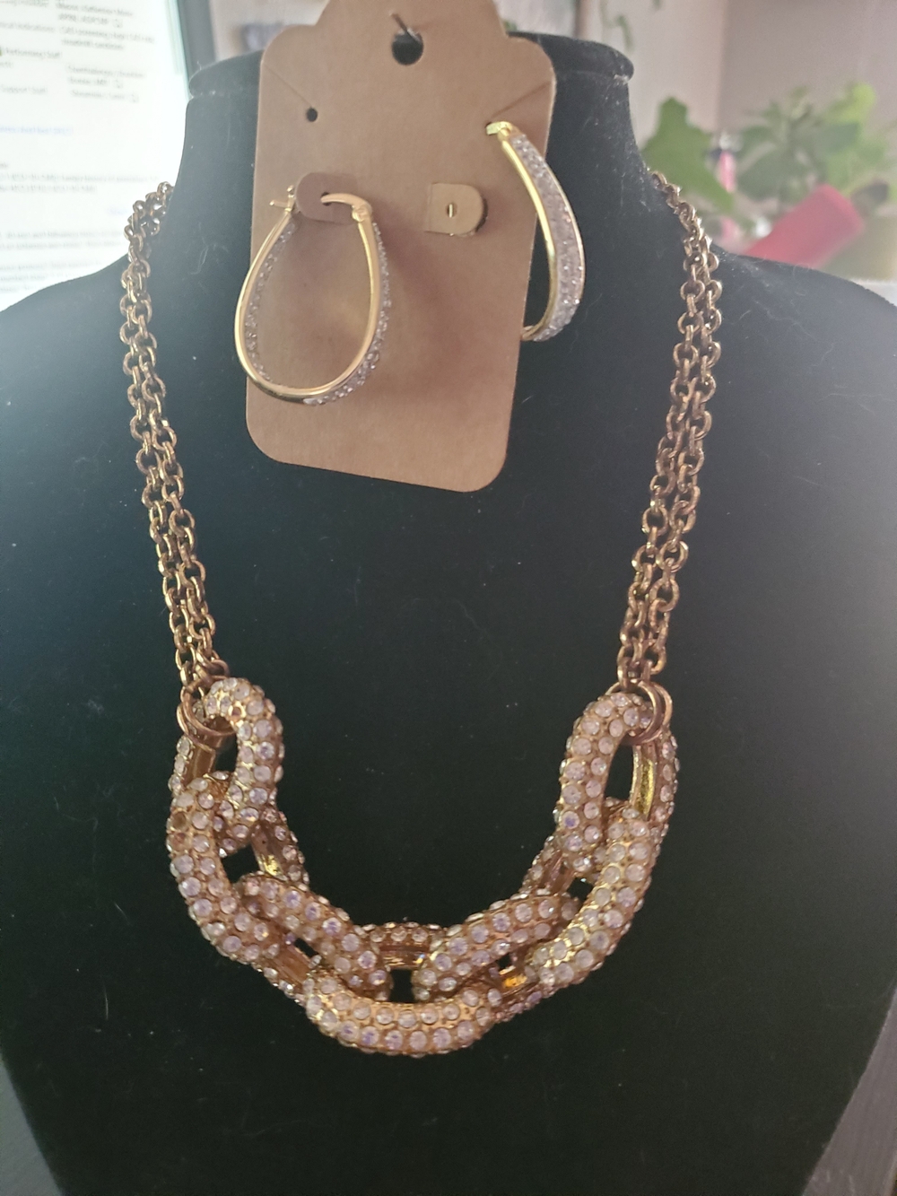 Gold Crystal Link Necklace with Matching Hoop Earrings